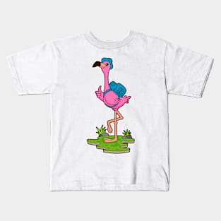 Flamingo as Hiker with Backpack Kids T-Shirt